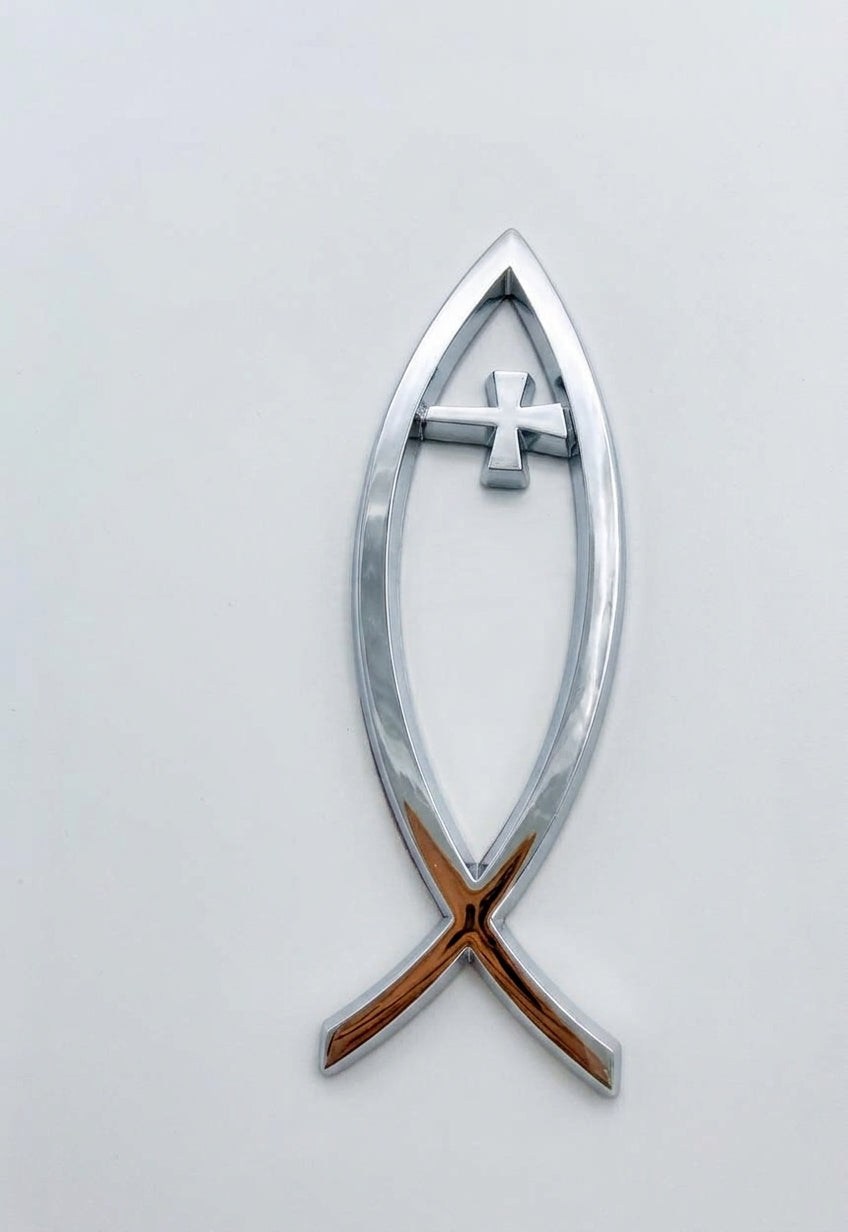 **Auto Emblem Sticker - Fish shape with Cross Silver