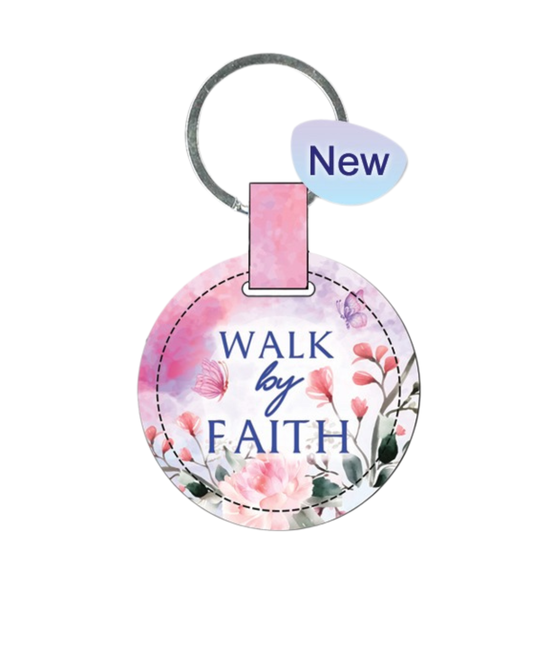 Key Ring Leather Round Pink Floral - Walk by Faith