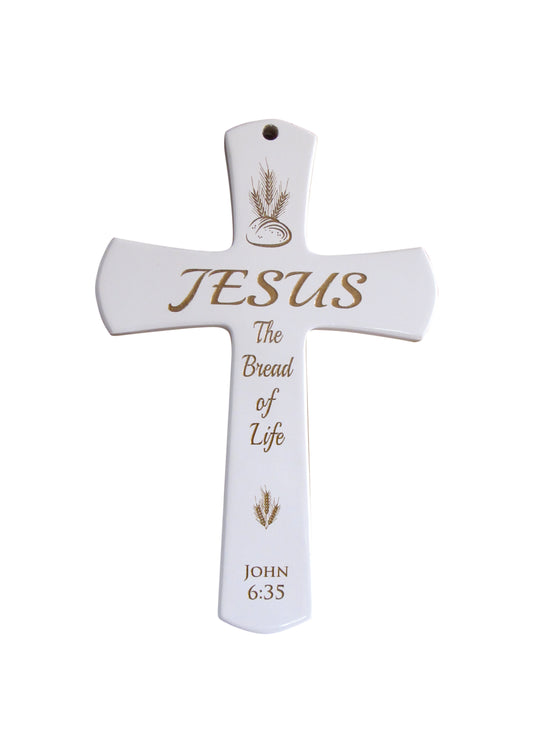 Wooden White Cross - Jesus: The Bread Of Life