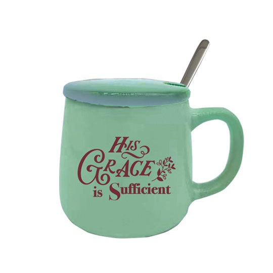 Ceramic Mug w/Cover - His Grace is Sufficient - Teal