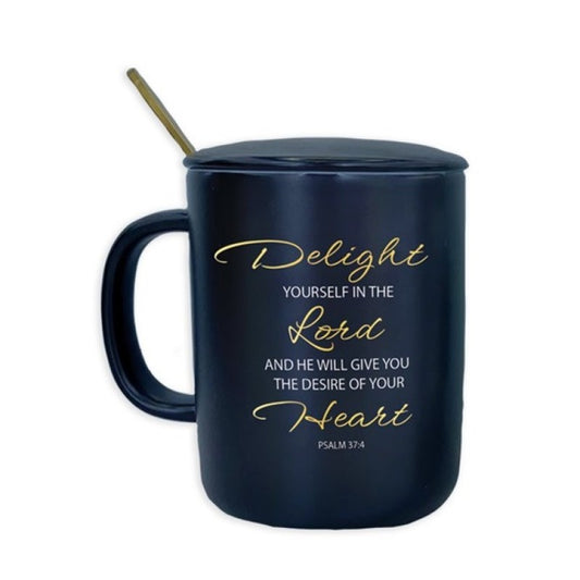 Mug Ceramic Lid+Spoon Black (Delight Yourself In The Lord)