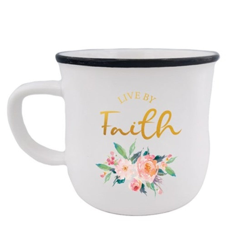 Mug Ceramic Look - White Floral (Live By Faith)