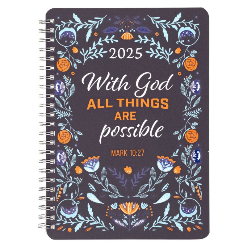 2025 12 Month Spiral Weekly Planner - With God All...Blue Floral