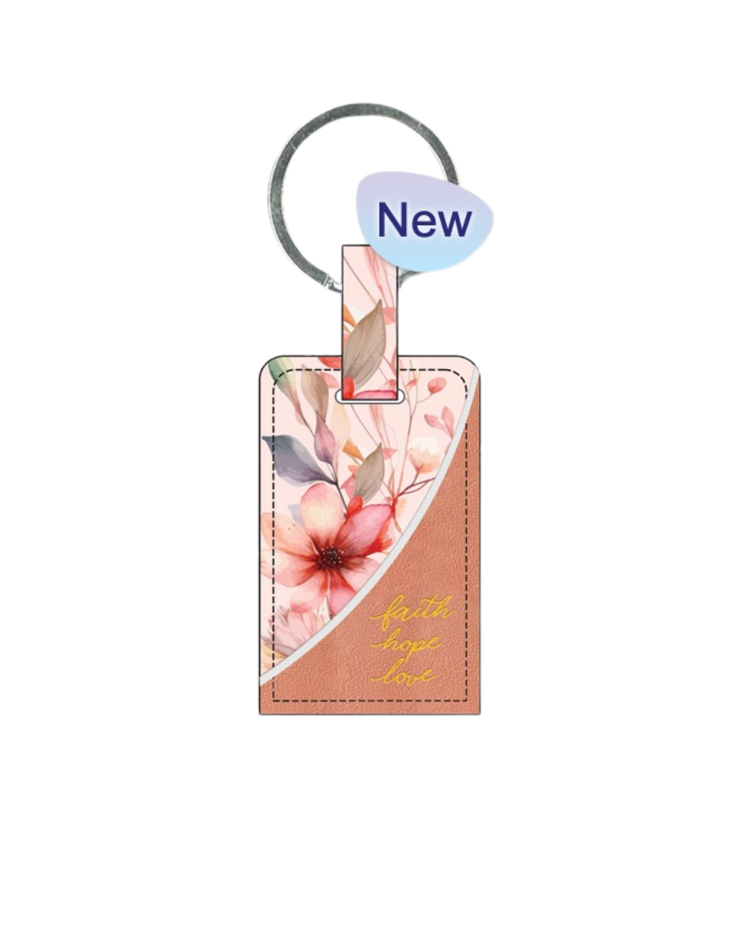Key Ring Leather Rectangle Pink Floral - Faith Hope Love
