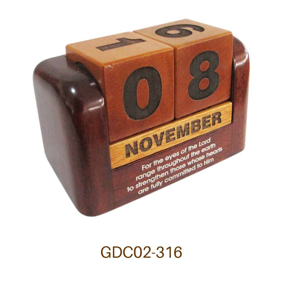 Four wooden desk plaque daily calendars with different date displays on a white background.