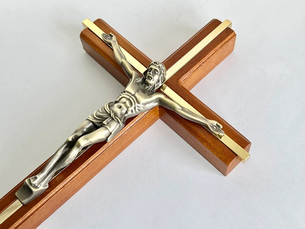 Cross Wooden (Gold inlay) 26cm with Metal Corpus (Hanging)