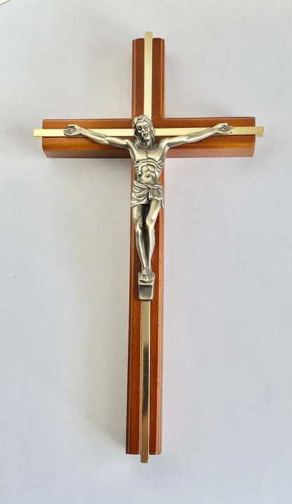 Cross Wooden (Gold inlay) 26cm with Metal Corpus (Hanging)