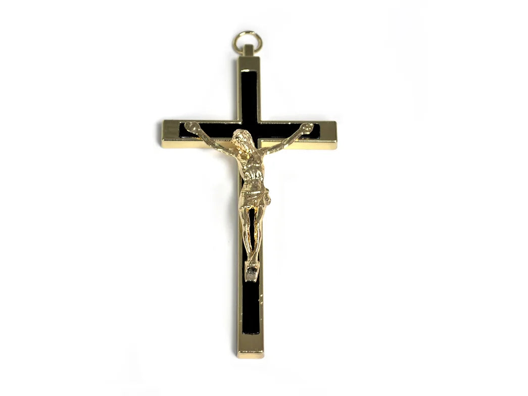 Cross Metal Goldtone (Black inlay) 10cm with Metal Corpus (Hanging)