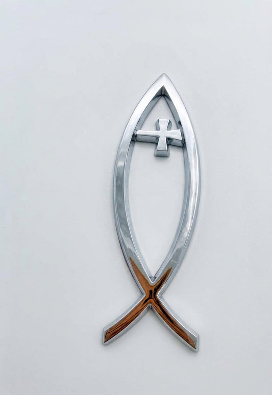 Auto Emblem Sticker - Fish shape with Cross Silver