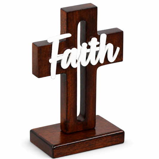Cross Wood (outline) Mahogany - 15cm standing - Faith