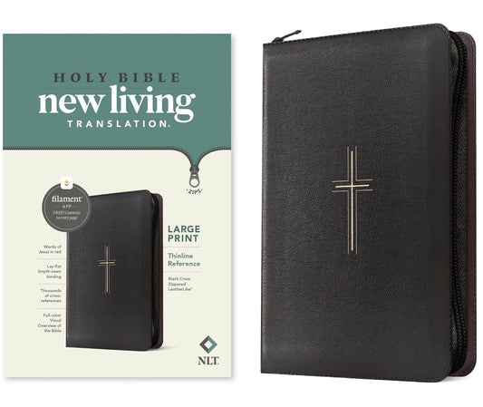 NLT Bible Thinline Ref with Cross L/P - Black Lthlike- Zip/ Filament