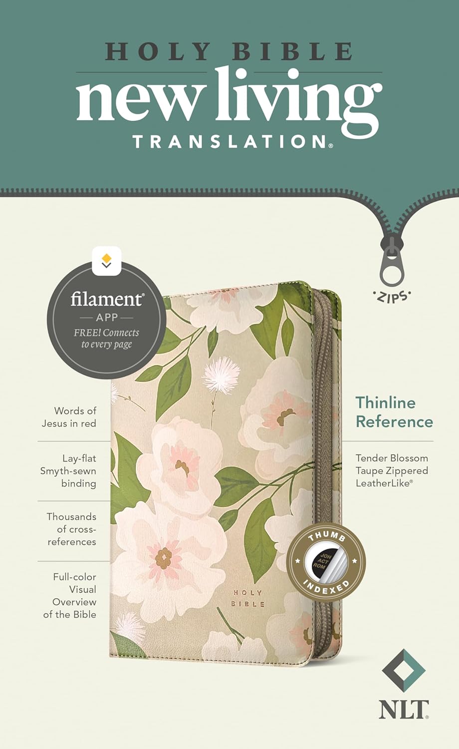NLT Thinline Reference Zipper Bible, Filament Enabled (LeatherLike, Tender Bloss