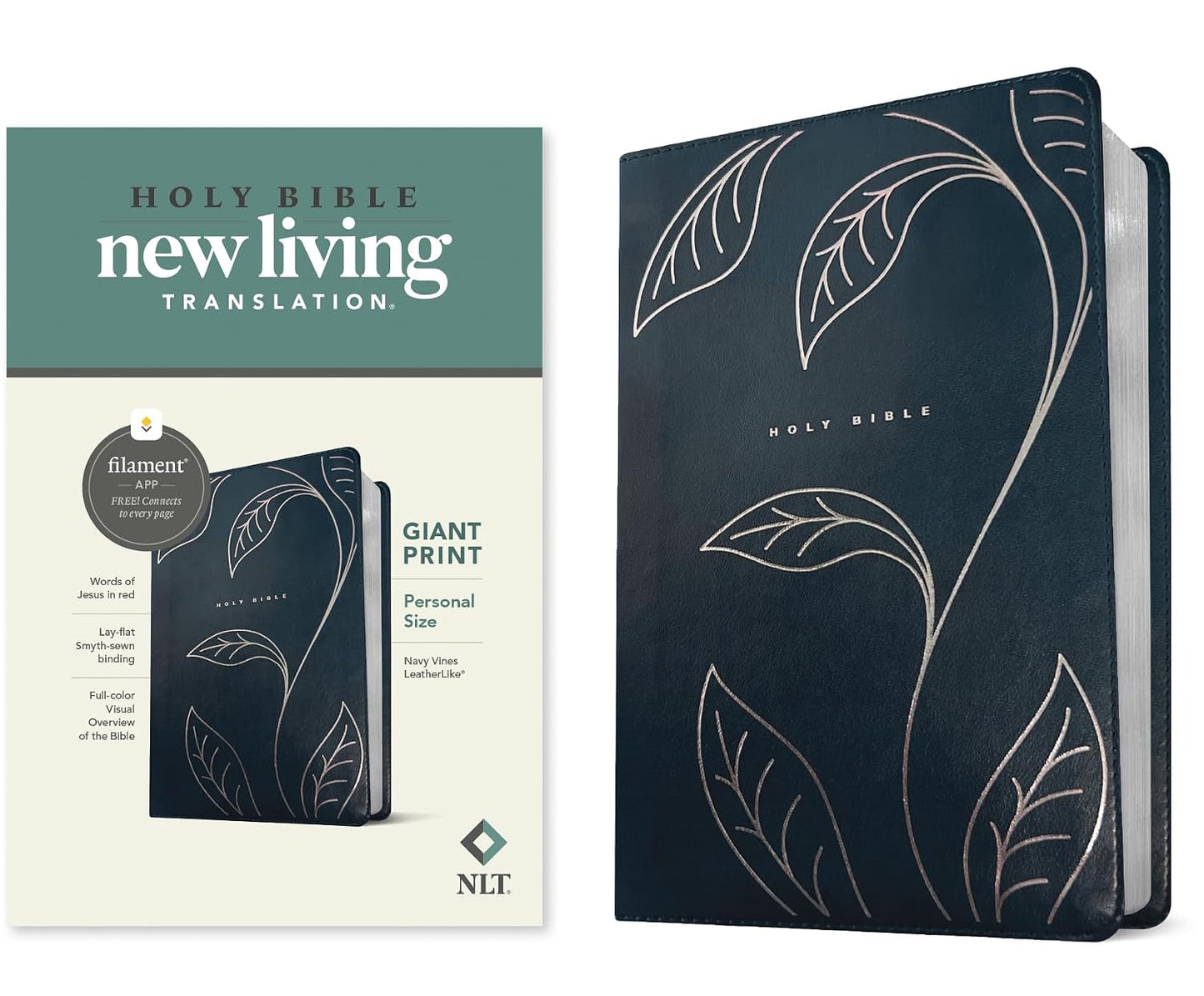 NLT Personal Size Giant Print Bible, Filament Enabled LeatherLike, Navy Vines, R