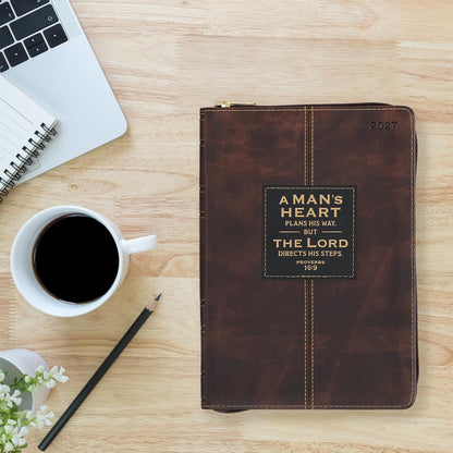 2027 A Man's Heart Plans His Way -  Brown Executive Planner w Zipper