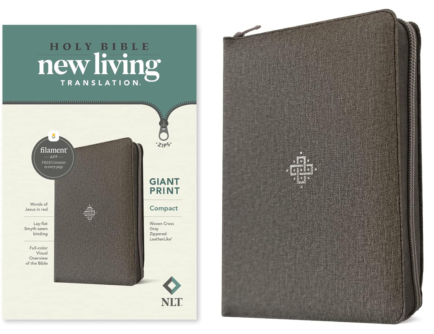 NLT  Bible Compact G/P Zip Filament Grey I/Lth