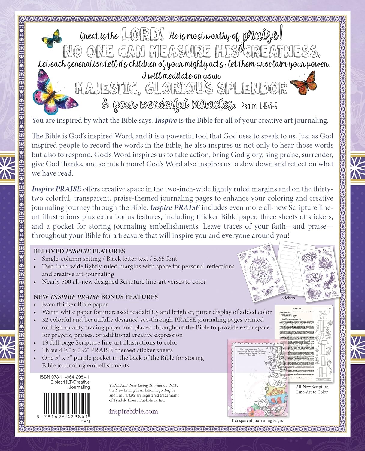 NLT Inspire Praise Bible Purple Garden Leatherlike