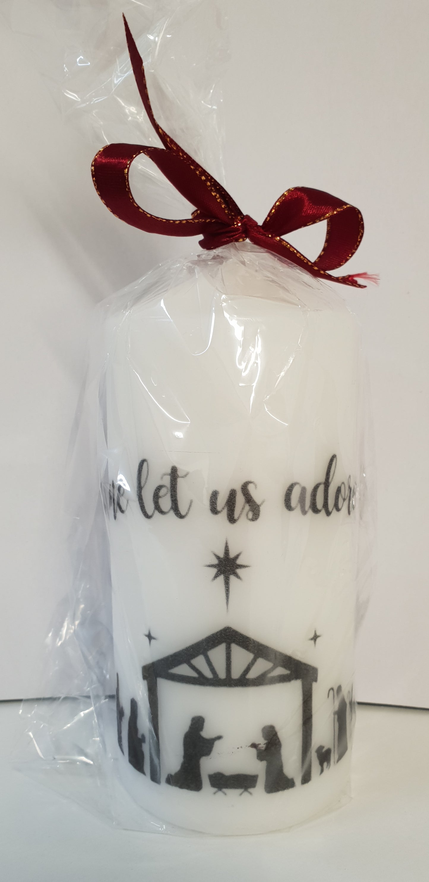 Advent Candle Blk/White - O Come Let Us... (Manger scene)