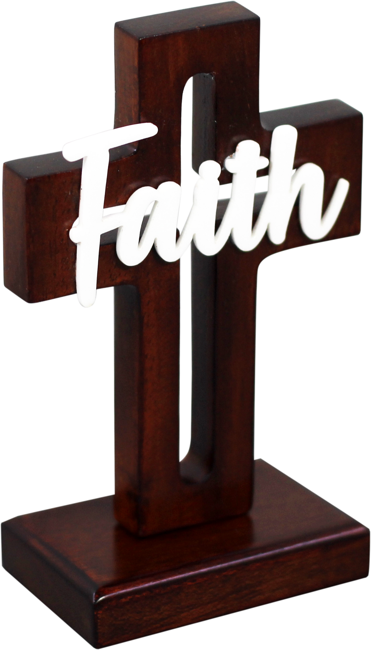 Cross Wood (outline) Mahogany - 15cm standing - Faith