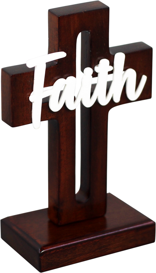 Cross Wood (outline) Mahogany - 15cm standing - Faith