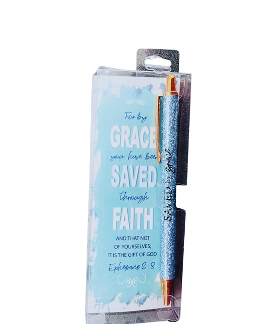 Gel Pen with Glitter and Bookmark Blue - Grace Saved Faith