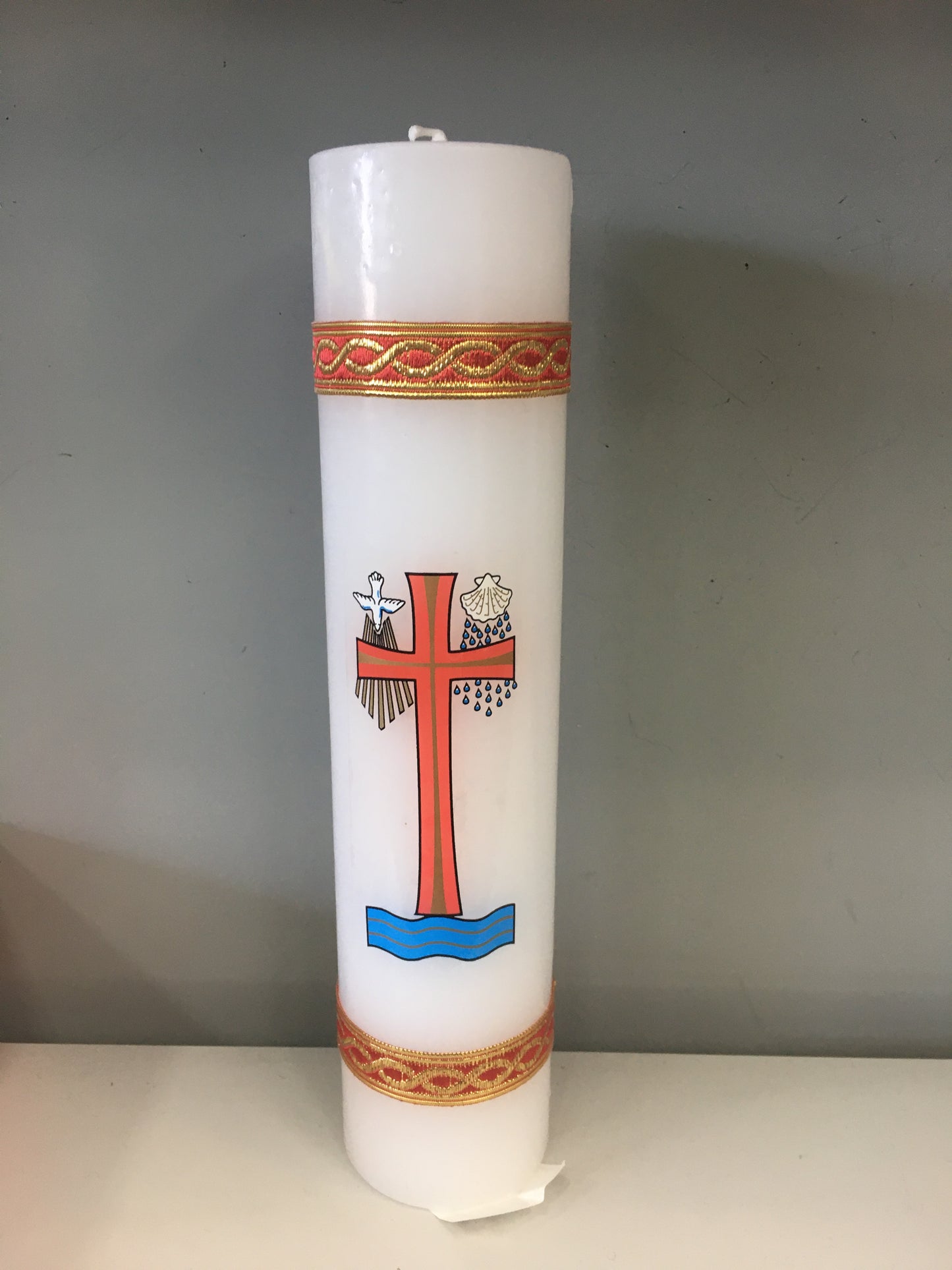 Baptism Candle White Slimline W Transfer - Red/Gold ribbon