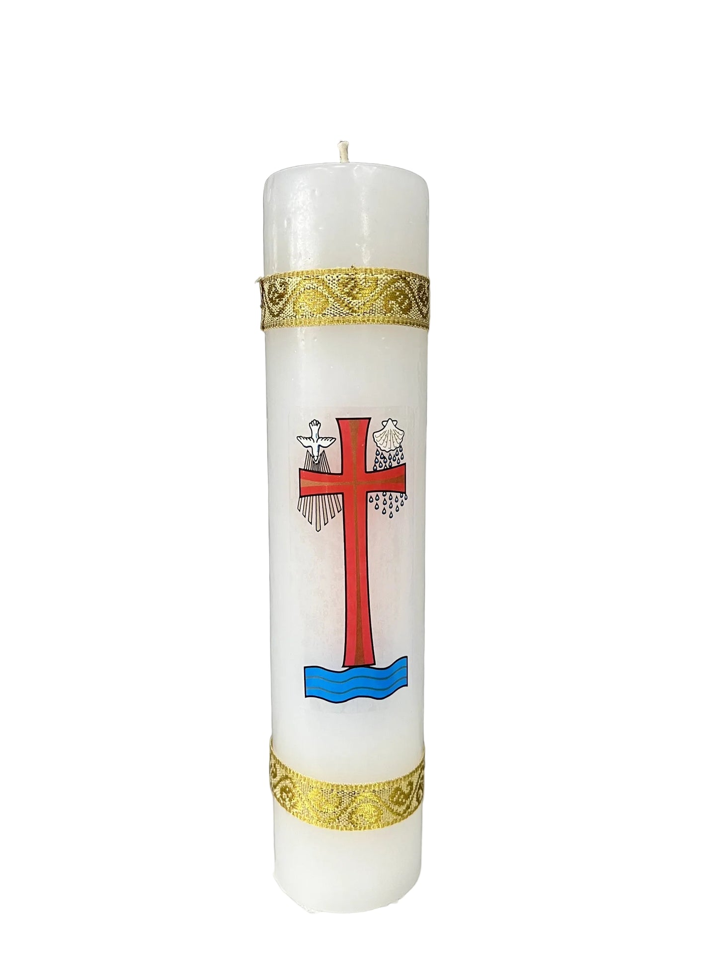 Baptism Candle White Slimline W Transfer -Gold ribbon