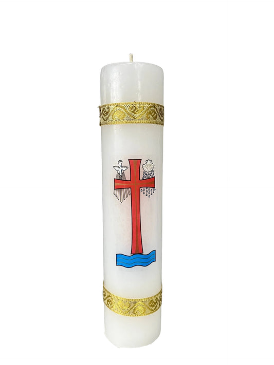 Baptism Candle White Slimline W Transfer -Gold ribbon