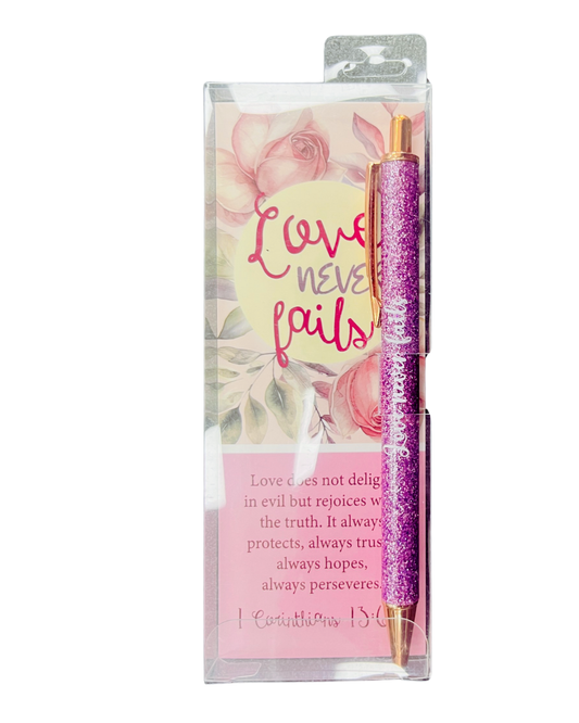 Gel Pen with Glitter and Bookmark Pink - Love never Fails